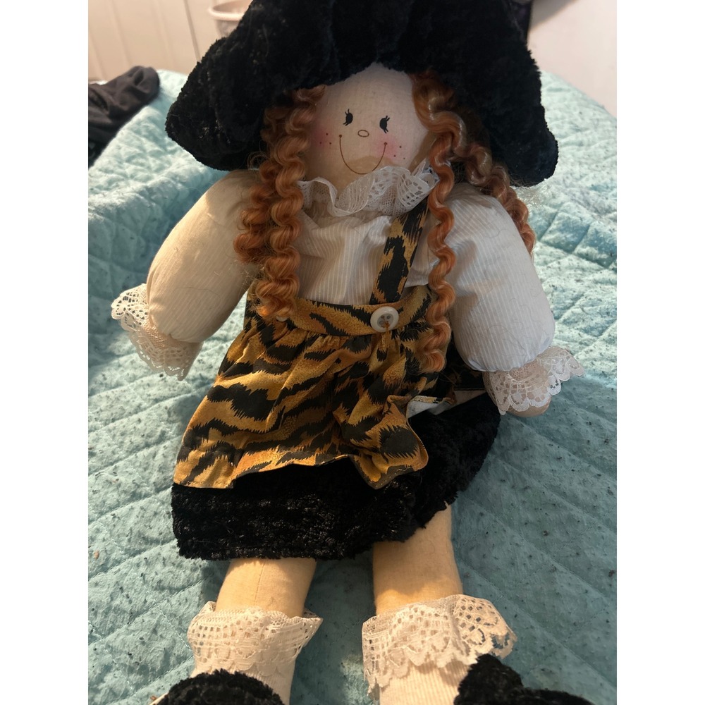 Vintage Style Fabric Rag‎ Doll Leopard Print Dress Lace Trim Red Hair Plush Hat